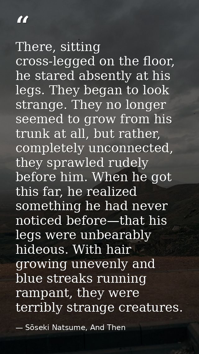 There, sitting cross-legged on the floor, he stared absently at his legs. They began to look strange. They no longer see — Sōseki Natsume, And Then