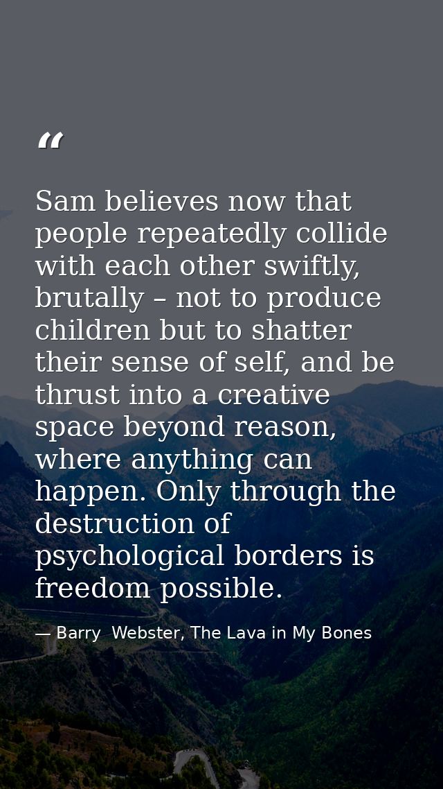 Sam believes now that people repeatedly collide with each other swiftly, brutally – not to produce children but to shatt — Barry  Webster, The Lava in My Bones