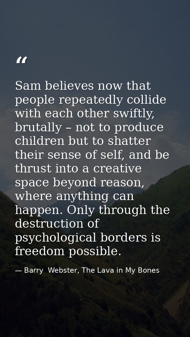 Sam believes now that people repeatedly collide with each other swiftly, brutally – not to produce children but to shatt — Barry  Webster, The Lava in My Bones