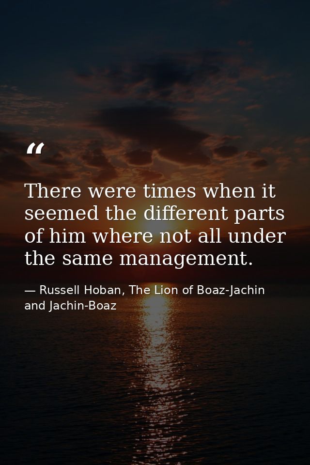 There were times when it seemed the different parts of him where not all under the same management. — Russell Hoban, The Lion of Boaz-Jachin and Jachin-Boaz