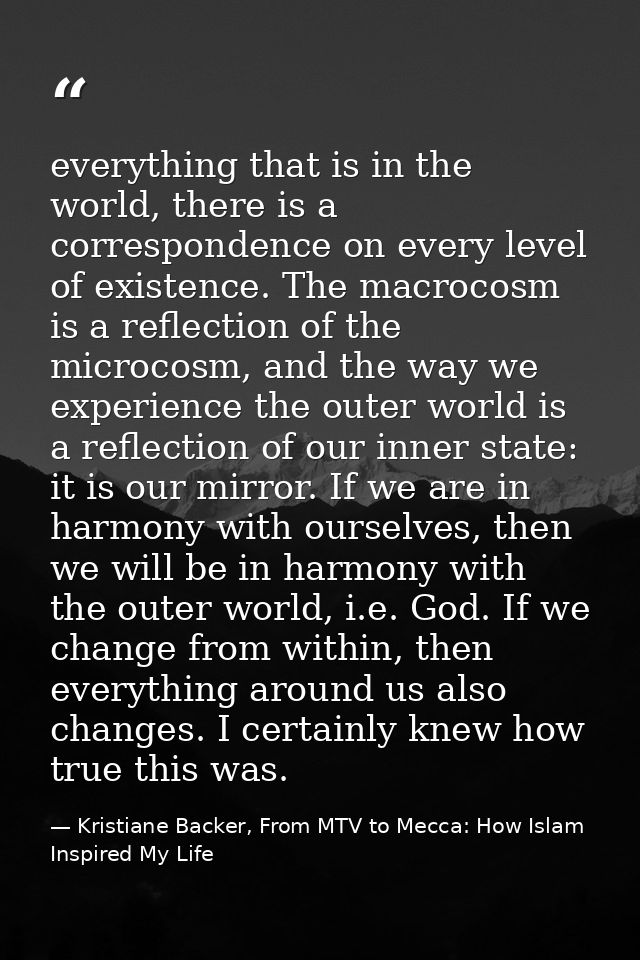 everything that is in the world, there is a correspondence on every level of existence. The macrocosm is a reflection of — Kristiane Backer, From MTV to Mecca: How Islam Inspired My Life