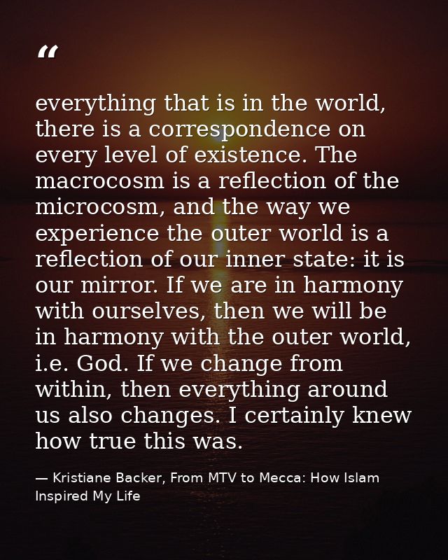 everything that is in the world, there is a correspondence on every level of existence. The macrocosm is a reflection of — Kristiane Backer, From MTV to Mecca: How Islam Inspired My Life