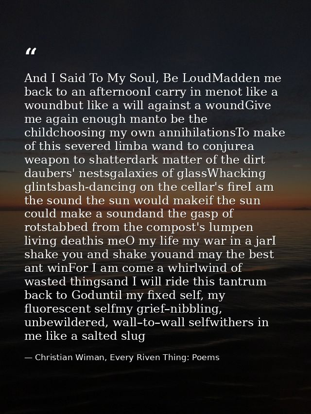 And I Said To My Soul, Be LoudMadden me back to an afternoonI carry in menot like a woundbut like a will against a wound — Christian Wiman, Every Riven Thing: Poems
