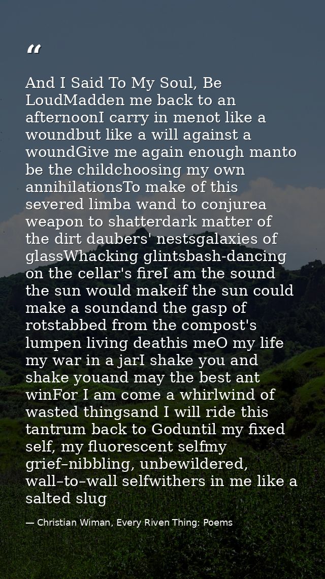 And I Said To My Soul, Be LoudMadden me back to an afternoonI carry in menot like a woundbut like a will against a wound — Christian Wiman, Every Riven Thing: Poems