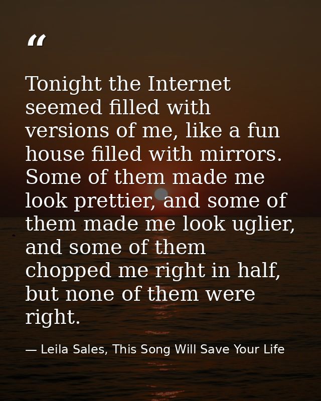 Tonight the Internet seemed filled with versions of me, like a fun house filled with mirrors. Some of them made me look  — Leila Sales, This Song Will Save Your Life