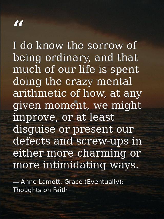 I do know the sorrow of being ordinary, and that much of our life is spent doing the crazy mental arithmetic of how, at  — Anne Lamott, Grace (Eventually): Thoughts on Faith
