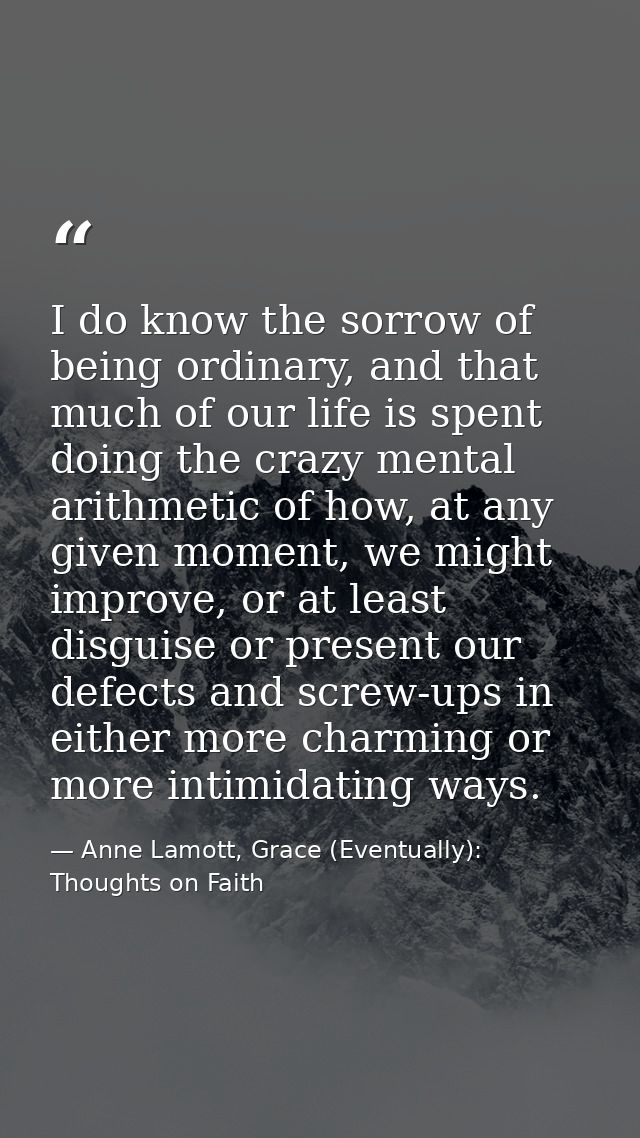 I do know the sorrow of being ordinary, and that much of our life is spent doing the crazy mental arithmetic of how, at  — Anne Lamott, Grace (Eventually): Thoughts on Faith