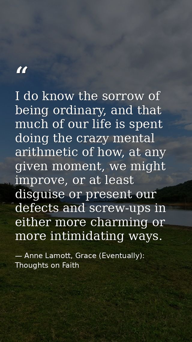 I do know the sorrow of being ordinary, and that much of our life is spent doing the crazy mental arithmetic of how, at  — Anne Lamott, Grace (Eventually): Thoughts on Faith