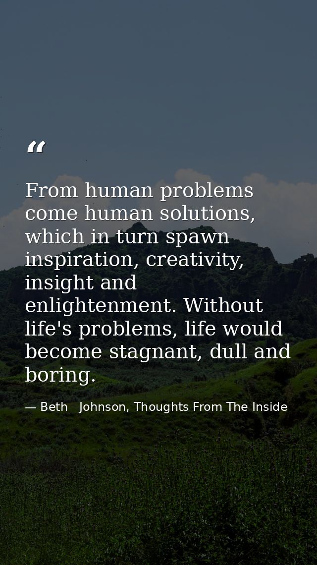 From human problems come human solutions, which in turn spawn inspiration, creativity, insight and enlightenment. Withou — Beth   Johnson, Thoughts From The Inside