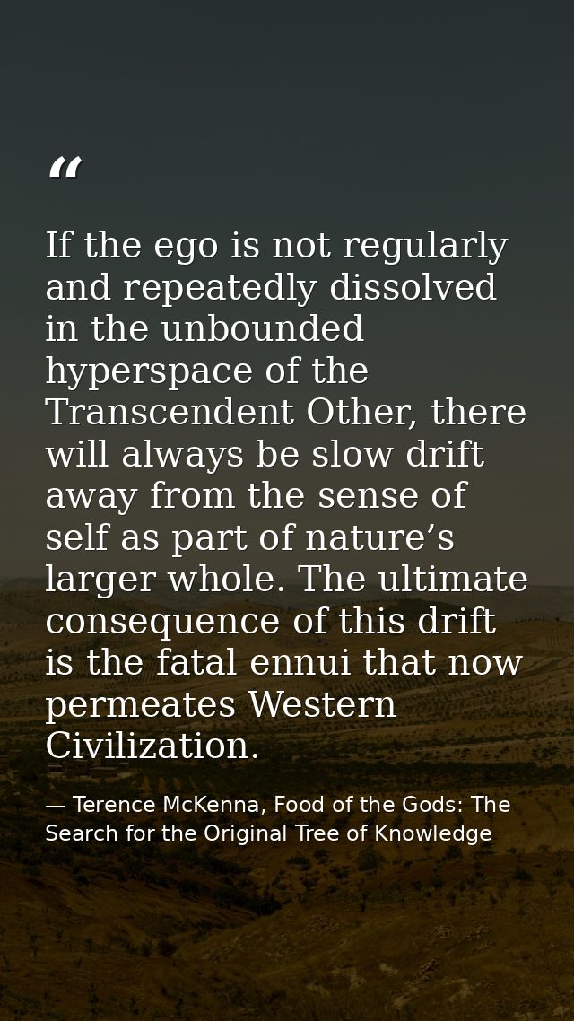If the ego is not regularly and repeatedly dissolved in the unbounded hyperspace of the Transcendent Other, there will a — Terence McKenna, Food of the Gods: The Search for the Original Tree of Knowledge