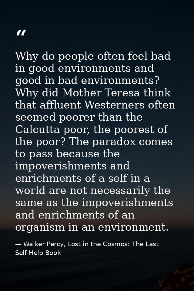 Why do people often feel bad in good environments and good in bad environments? Why did Mother Teresa think that affluen — Walker Percy, Lost in the Cosmos: The Last Self-Help Book
