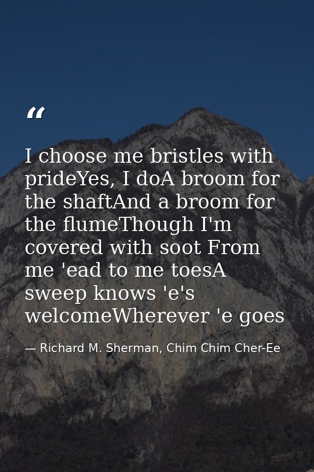 I choose me bristles with prideYes, I doA broom for the shaftAnd a broom for the flumeThough I'm covered with soot From  — Richard M. Sherman, Chim Chim Cher-Ee