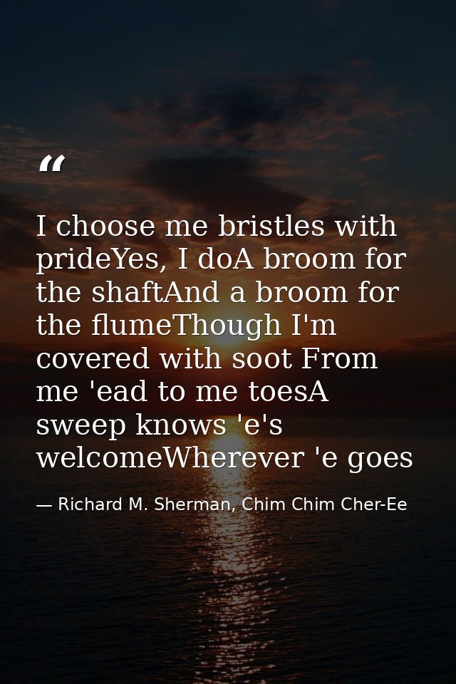 I choose me bristles with prideYes, I doA broom for the shaftAnd a broom for the flumeThough I'm covered with soot From  — Richard M. Sherman, Chim Chim Cher-Ee