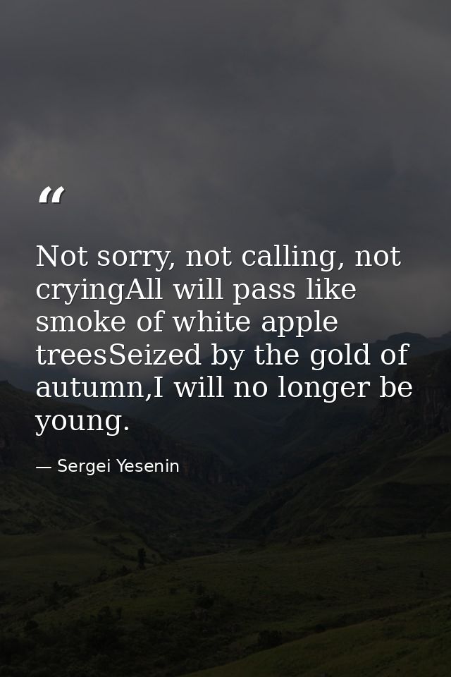 Not sorry, not calling, not cryingAll will pass like smoke of white apple treesSeized by the gold of autumn,I will no lo — Sergei Yesenin