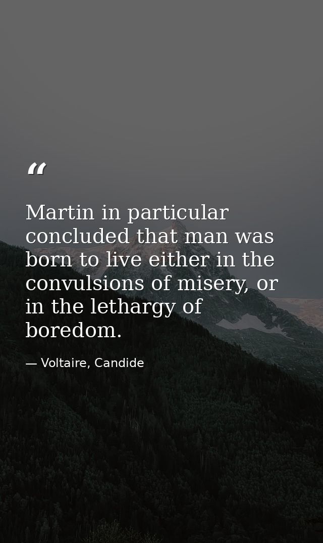 Martin in particular concluded that man was born to live either in the convulsions of misery, or in the lethargy of bore — Voltaire, Candide