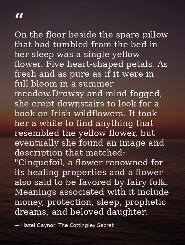 On the floor beside the spare pillow that had tumbled from the bed in her sleep was a single yellow flower. Five heart-s — Hazel Gaynor, The Cottingley Secret