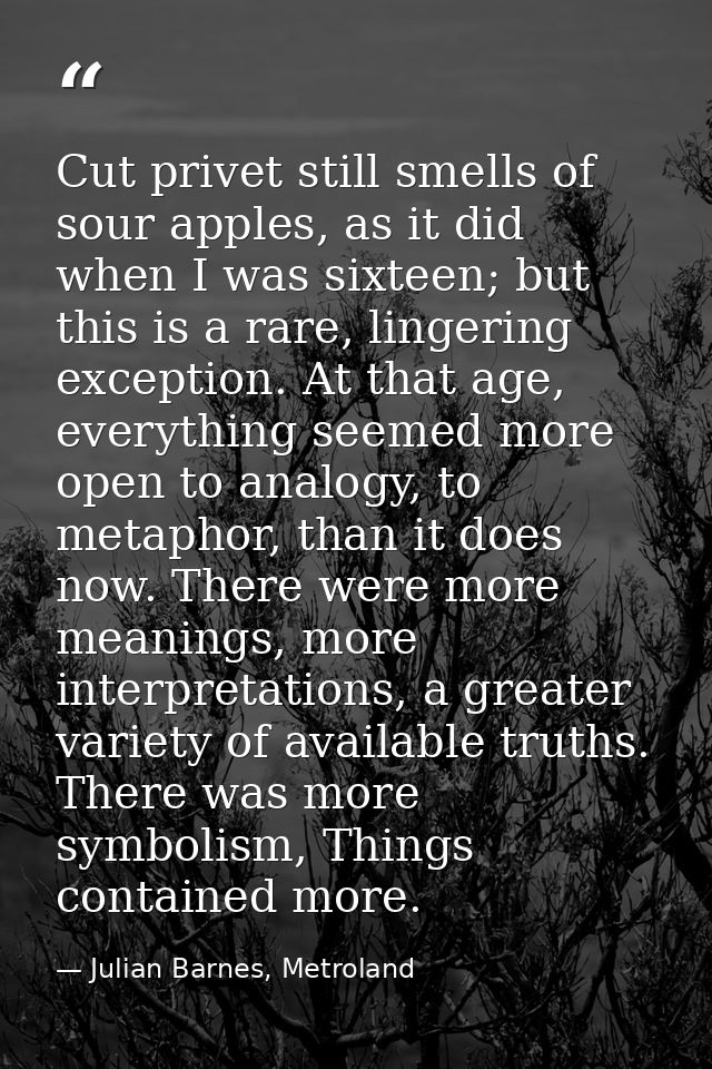 Cut privet still smells of sour apples, as it did when I was sixteen; but this is a rare, lingering exception. At that a — Julian Barnes, Metroland