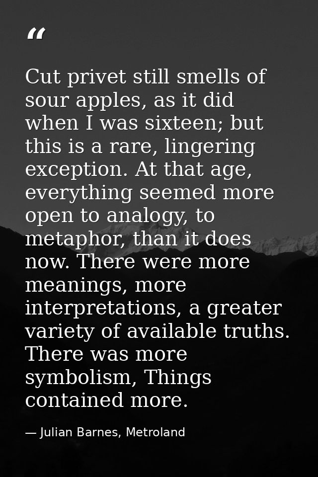 Cut privet still smells of sour apples, as it did when I was sixteen; but this is a rare, lingering exception. At that a — Julian Barnes, Metroland