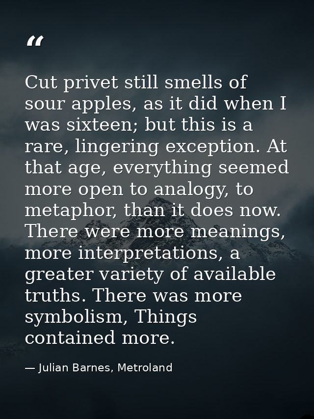 Cut privet still smells of sour apples, as it did when I was sixteen; but this is a rare, lingering exception. At that a — Julian Barnes, Metroland