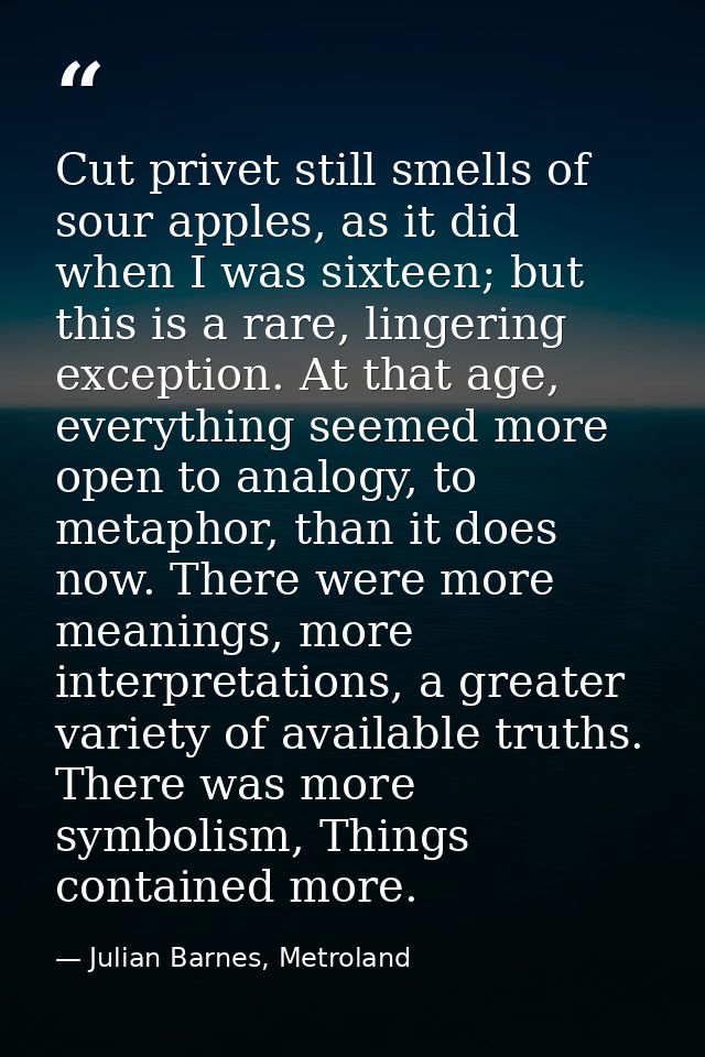 Cut privet still smells of sour apples, as it did when I was sixteen; but this is a rare, lingering exception. At that a — Julian Barnes, Metroland