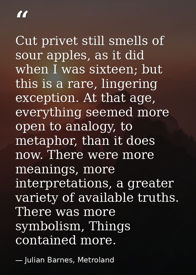 Cut privet still smells of sour apples, as it did when I was sixteen; but this is a rare, lingering exception. At that a — Julian Barnes, Metroland
