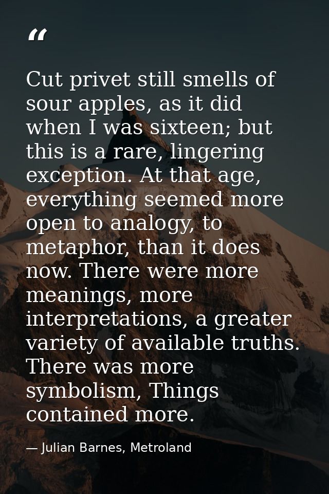 Cut privet still smells of sour apples, as it did when I was sixteen; but this is a rare, lingering exception. At that a — Julian Barnes, Metroland