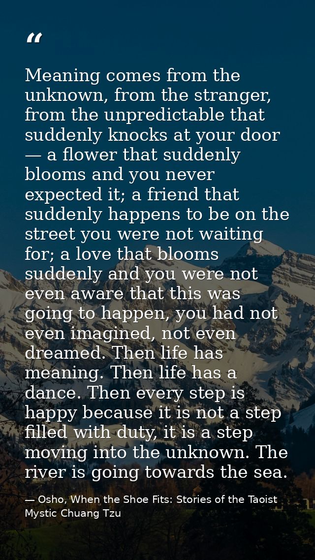 Meaning comes from the unknown, from the stranger, from the unpredictable that suddenly knocks at your door — a flower t — Osho, When the Shoe Fits: Stories of the Taoist Mystic Chuang Tzu
