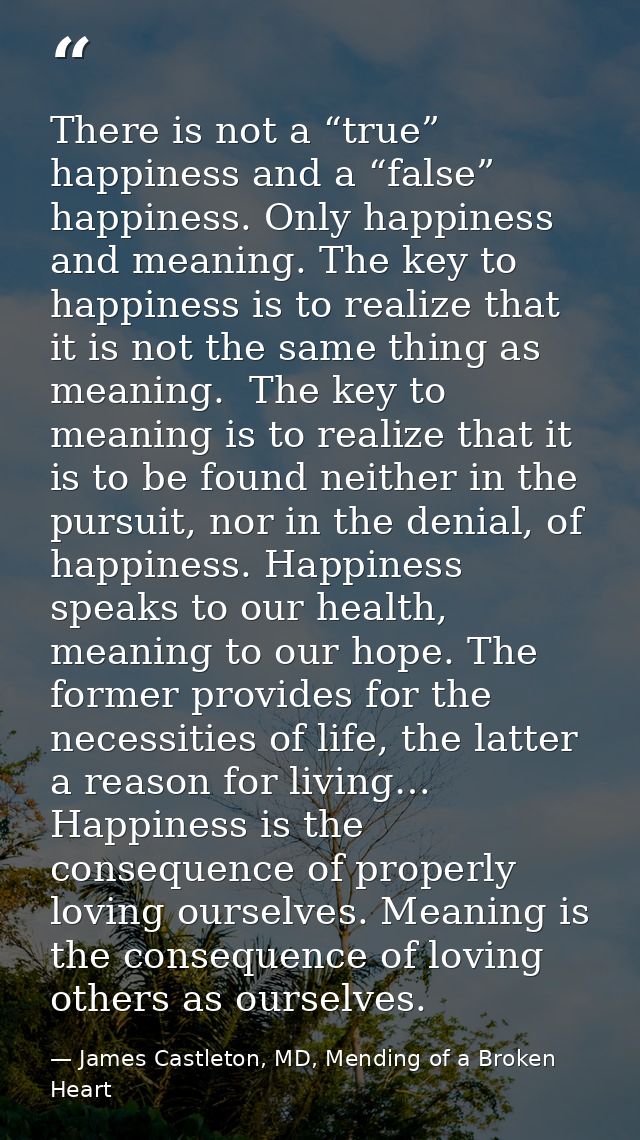 There is not a “true” happiness and a “false” happiness. Only happiness and meaning. The key to happiness is to realize  — James Castleton, MD, Mending of a Broken Heart