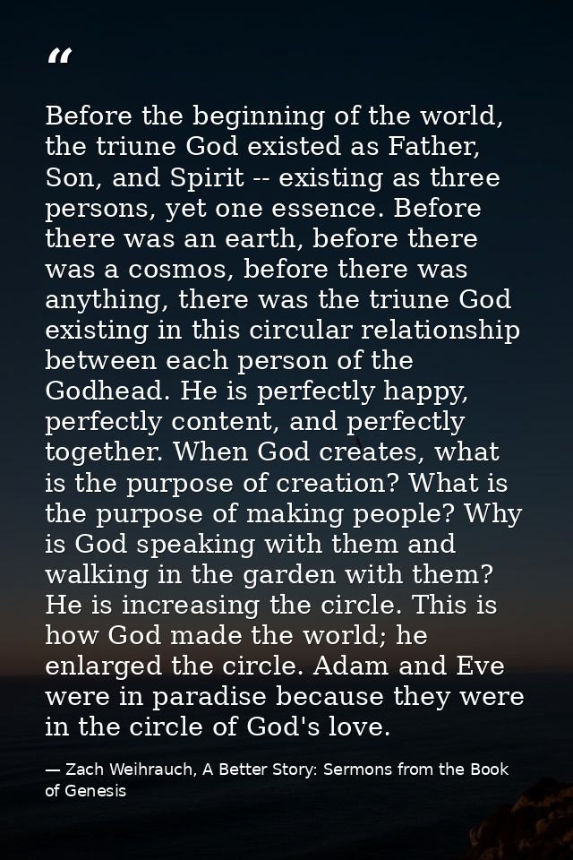 Before the beginning of the world, the triune God existed as Father, Son, and Spirit -- existing as three persons, yet o — Zach Weihrauch, A Better Story: Sermons from the Book of Genesis