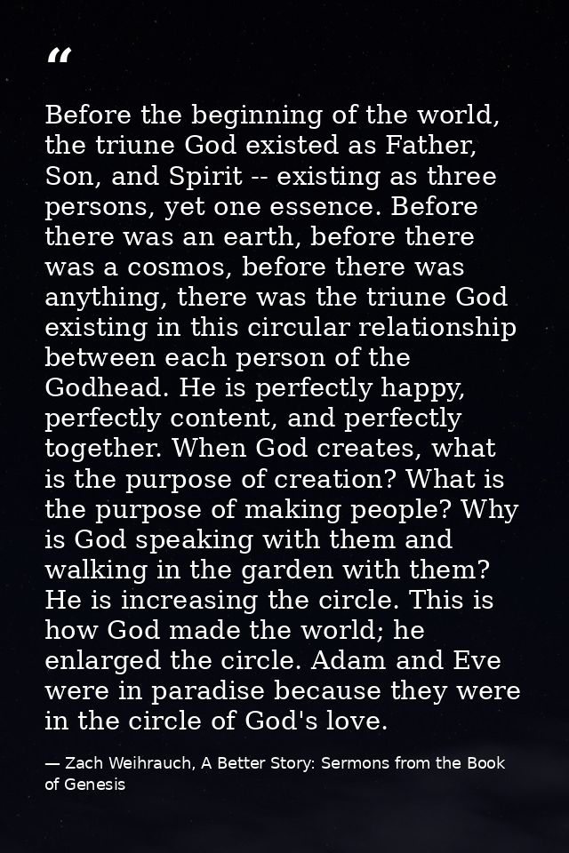 Before the beginning of the world, the triune God existed as Father, Son, and Spirit -- existing as three persons, yet o — Zach Weihrauch, A Better Story: Sermons from the Book of Genesis