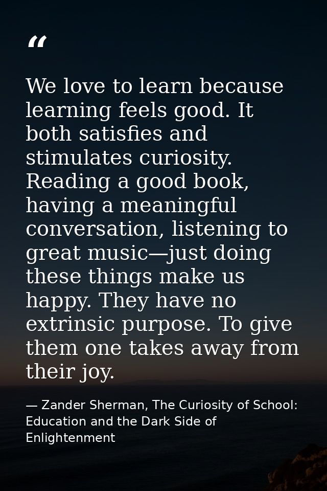 We love to learn because learning feels good. It both satisfies and stimulates curiosity. Reading a good book, having a  — Zander Sherman, The Curiosity of School: Education and the Dark Side of Enlightenment