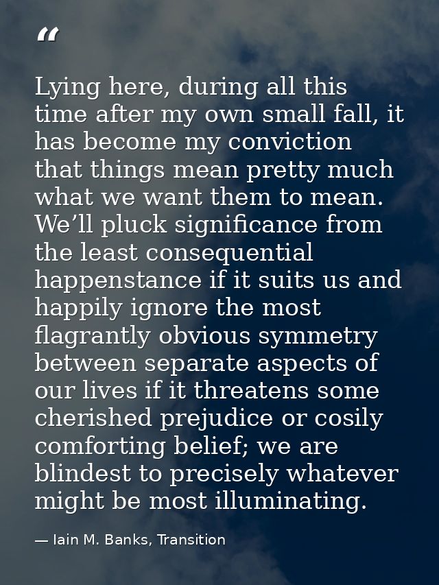 Lying here, during all this time after my own small fall, it has become my conviction that things mean pretty much what  — Iain M. Banks, Transition