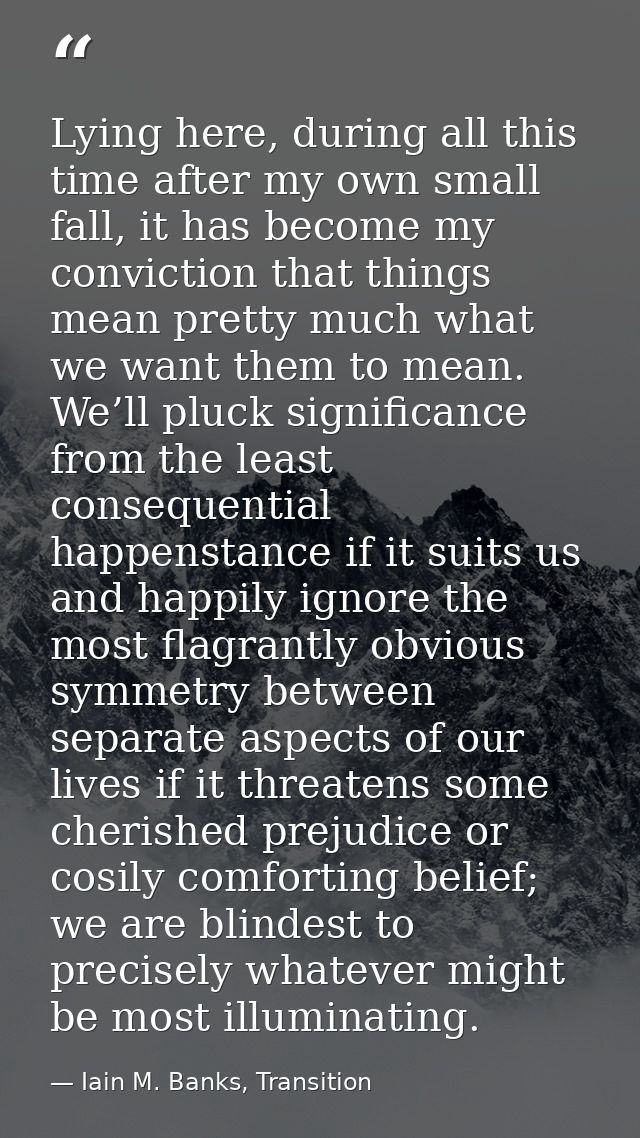 Lying here, during all this time after my own small fall, it has become my conviction that things mean pretty much what  — Iain M. Banks, Transition