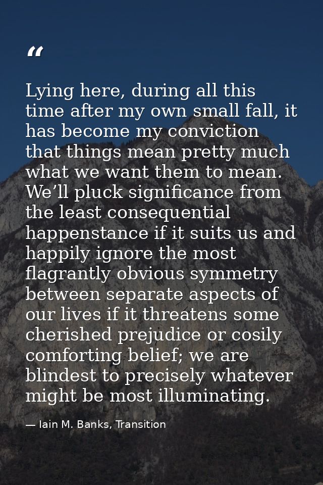 Lying here, during all this time after my own small fall, it has become my conviction that things mean pretty much what  — Iain M. Banks, Transition