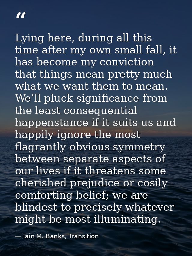 Lying here, during all this time after my own small fall, it has become my conviction that things mean pretty much what  — Iain M. Banks, Transition