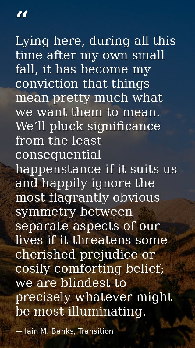 Lying here, during all this time after my own small fall, it has become my conviction that things mean pretty much what  — Iain M. Banks, Transition
