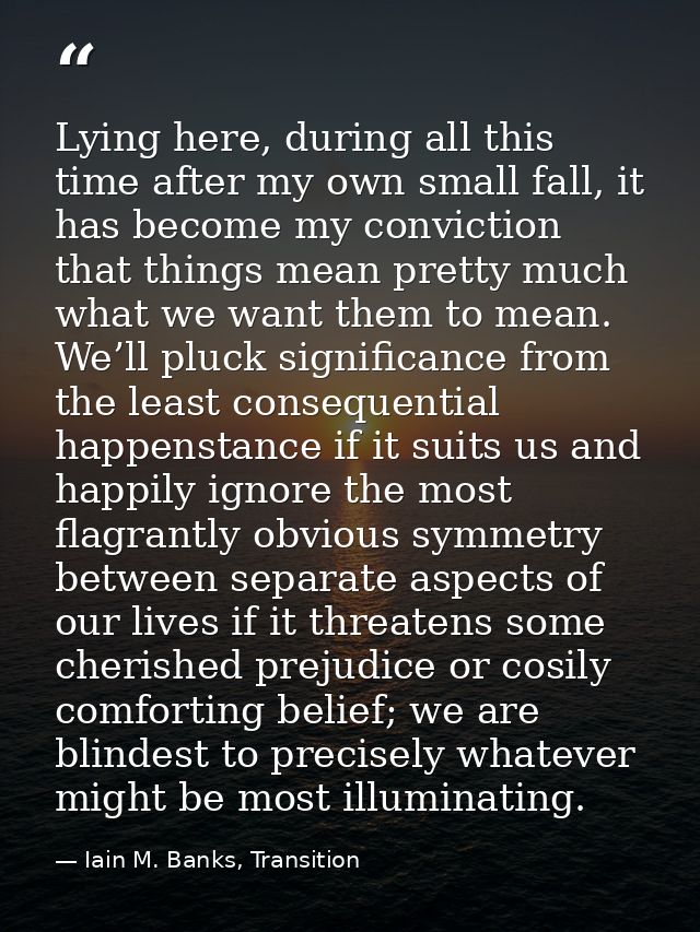 Lying here, during all this time after my own small fall, it has become my conviction that things mean pretty much what  — Iain M. Banks, Transition