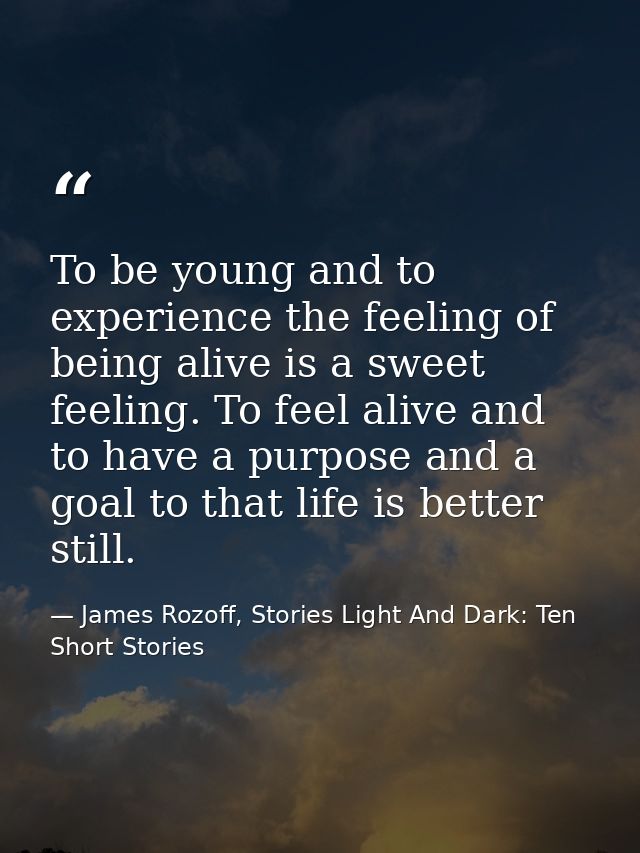 To be young and to experience the feeling of being alive is a sweet feeling. To feel alive and to have a purpose and a g — James Rozoff, Stories Light And Dark: Ten Short Stories