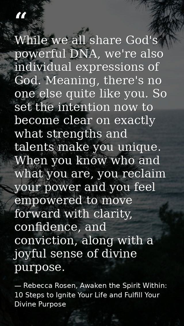 While we all share God's powerful DNA, we're also individual expressions of God. Meaning, there's no one else quite like — Rebecca Rosen, Awaken the Spirit Within: 10 Steps to Ignite Your Life and Fulfill Your Divine Purpose