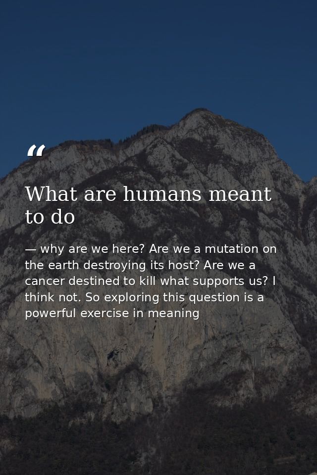 What are humans meant to do — why are we here? Are we a mutation on the earth destroying its host? Are we a cancer destined to kill what supports us? I think not. So exploring this question is a powerful exercise in meaning