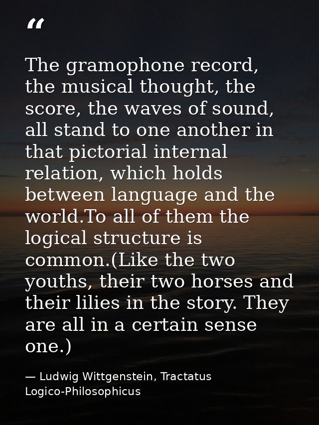 The gramophone record, the musical thought, the score, the waves of sound, all stand to one another in that pictorial in — Ludwig Wittgenstein, Tractatus Logico-Philosophicus