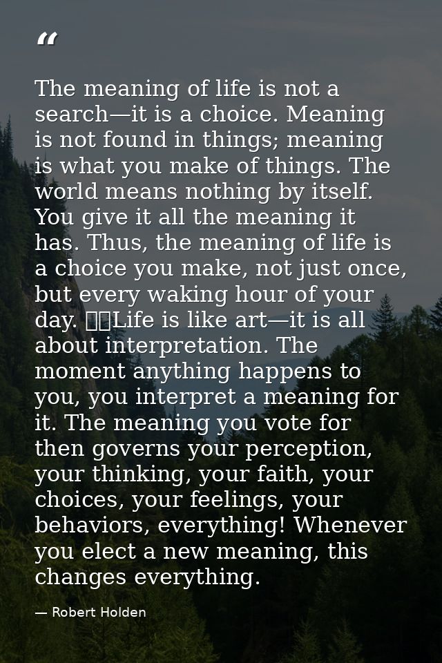 The meaning of life is not a search—it is a choice. Meaning is not found in things; meaning is what you make of things.  — Robert Holden