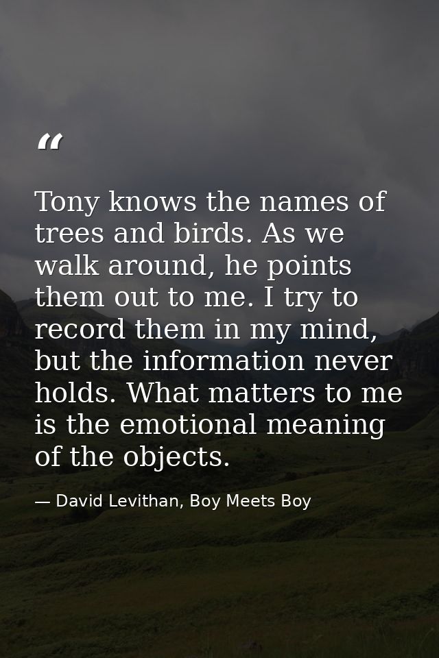 Tony knows the names of trees and birds. As we walk around, he points them out to me. I try to record them in my mind, b — David Levithan, Boy Meets Boy