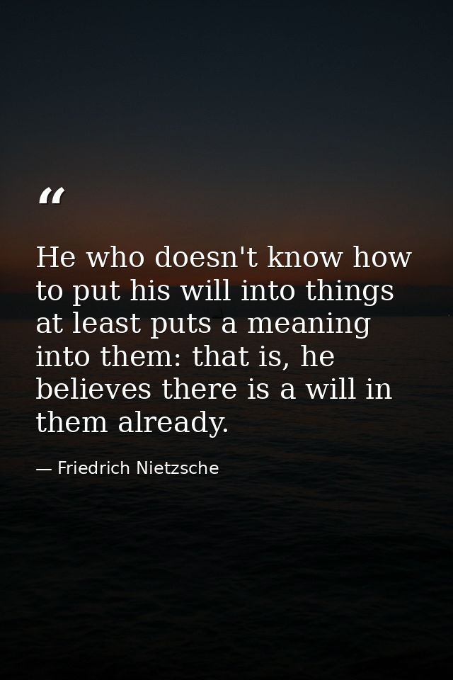 He who doesn't know how to put his will into things at least puts a meaning into them: that is, he believes there is a w — Friedrich Nietzsche
