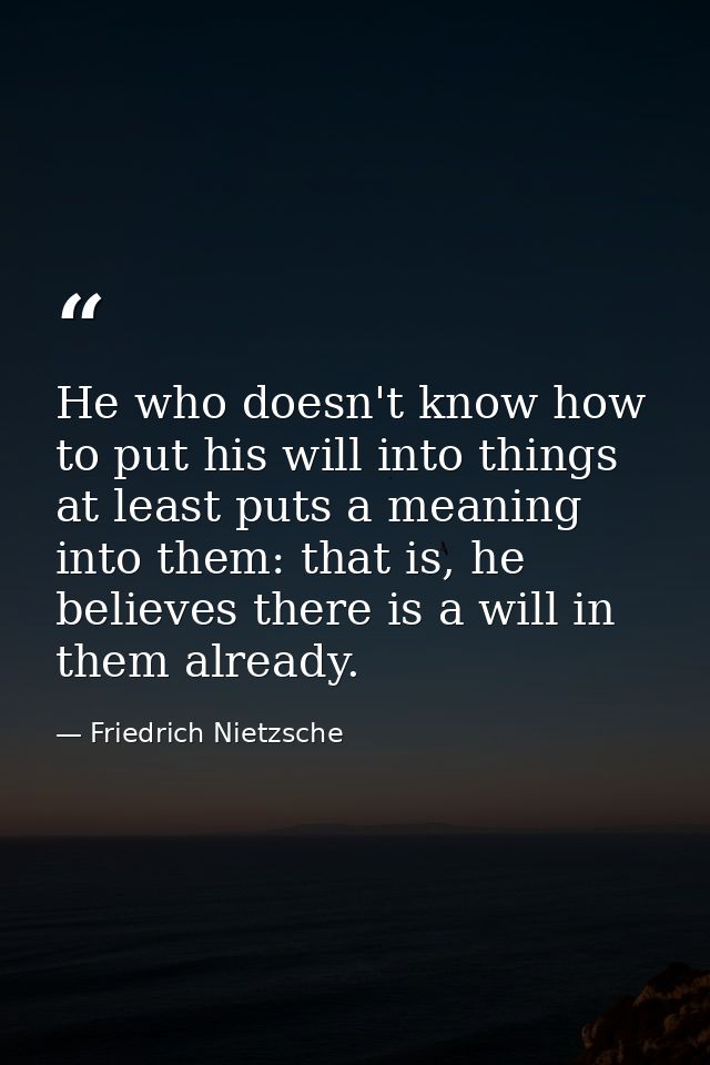 He who doesn't know how to put his will into things at least puts a meaning into them: that is, he believes there is a w — Friedrich Nietzsche