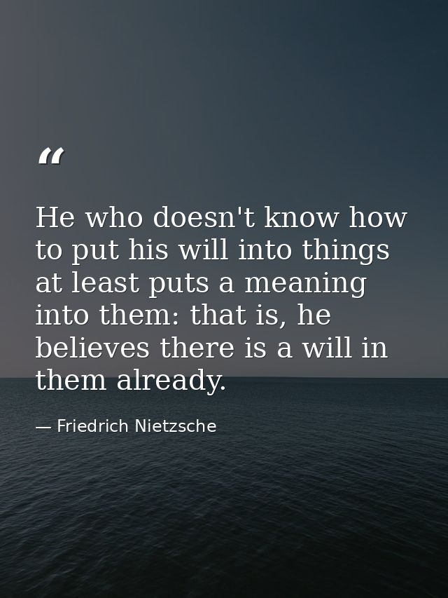 He who doesn't know how to put his will into things at least puts a meaning into them: that is, he believes there is a w — Friedrich Nietzsche