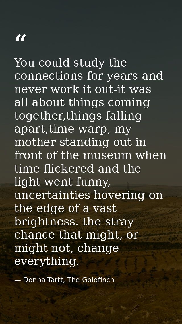 You could study the connections for years and never work it out-it was all about things coming together,things falling a — Donna Tartt, The Goldfinch
