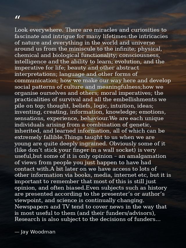 Look everywhere. There are miracles and curiosities to fascinate and intrigue for many lifetimes:the intricacies of natu — Jay Woodman