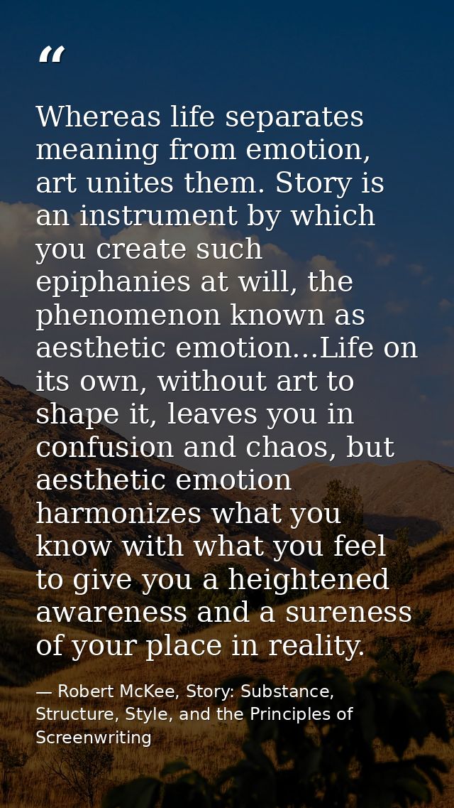 Whereas life separates meaning from emotion, art unites them. Story is an instrument by which you create such epiphanies — Robert McKee, Story: Substance, Structure, Style, and the Principles of Screenwriting