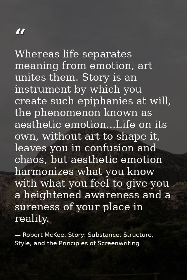 Whereas life separates meaning from emotion, art unites them. Story is an instrument by which you create such epiphanies — Robert McKee, Story: Substance, Structure, Style, and the Principles of Screenwriting